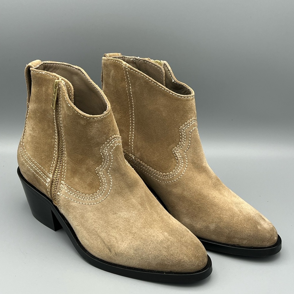 All Saints Carlotta Tan Suede Heeled Side Zip Ankle Boots - Picture 2 of 4